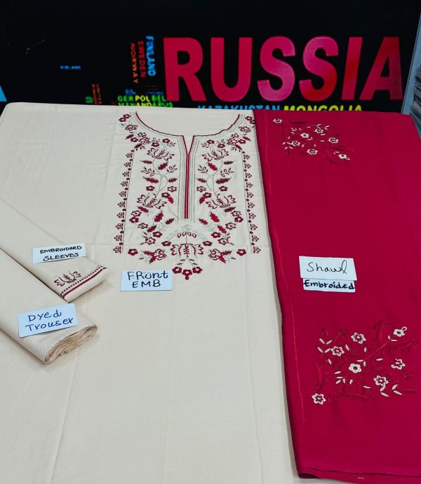 3PC Dhanak Embroidered Shirt with Same Dupatta and Trouser 1