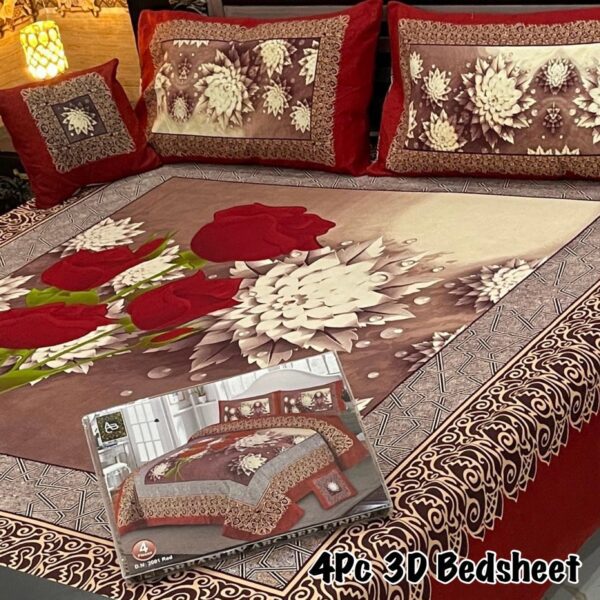 4Pc 3D Panel Bedsheet Red